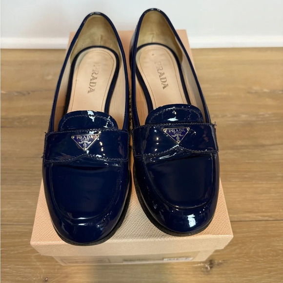Prada Patent Leather Triangle Logo Loafers, Navy Blue, Size 36.5/US 6.5 - Picture 8 of 14
